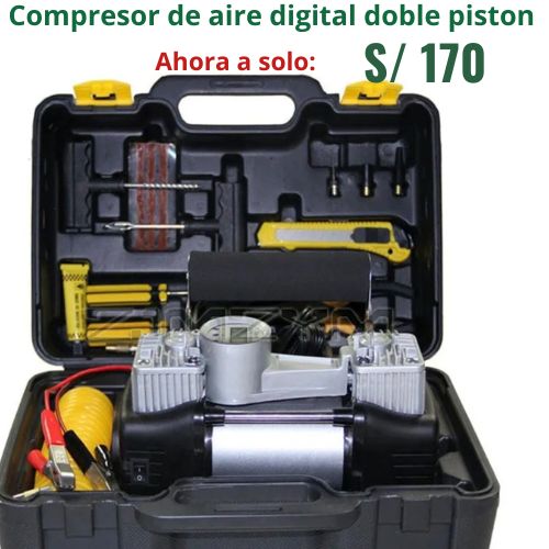 COMPRESOR DE AIRE DIGITAL PORTATIL CON LINTERNA Y KIT PARA PARCHAR LLANTA